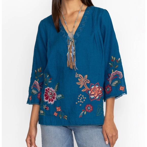Johnny Was Tops - Johnny Was Messine V-Neck Top w/ Side Slits in Teal Floral Embroidered Linen S
